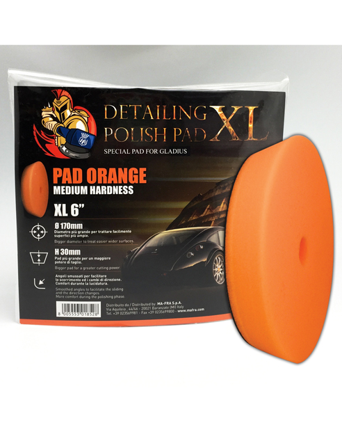 DETAILING POLISH PAD XL PAD ORANGE Полужесткий оранжевый поролоновый полировальный круг для лакокрасочного покрытия автомобиля для профессионального применения, диаметр170  мм/6" высота 30 мм. MA-FRA, Италия.